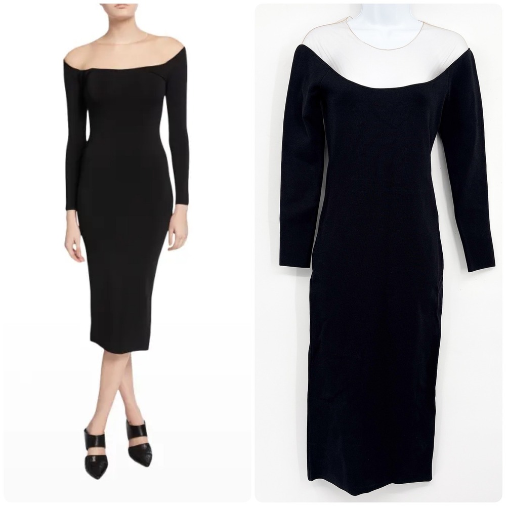 NWT Alexander Wang Womens Black Sheer Yoke Illusion Bodycon Knit Midi Dress M